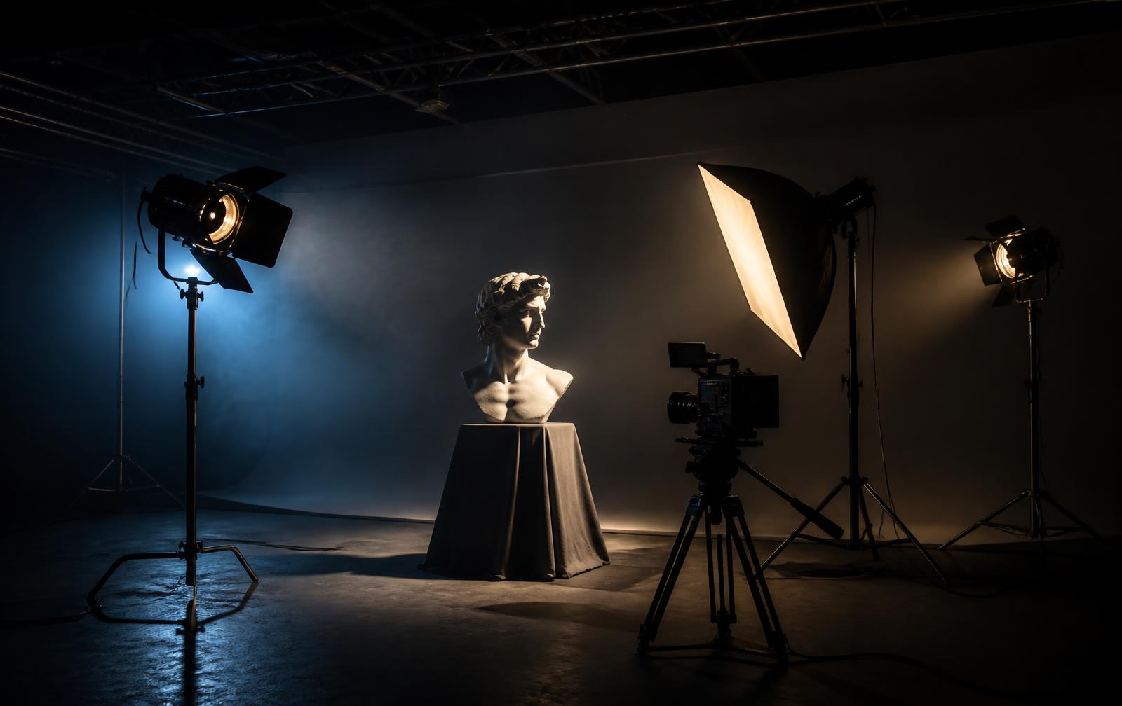 Film soundstage with fresnel and softbox lights around a lit bust and a cinema camera